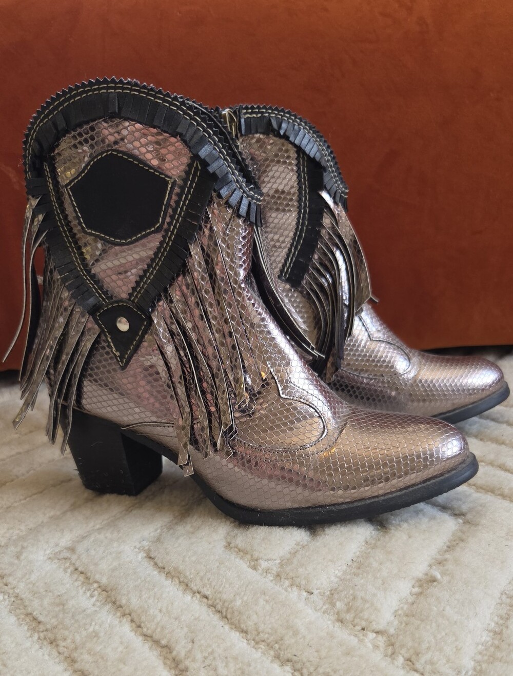 Metallic Silver Fringe Western Ankle Boots